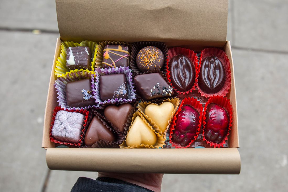 A make-your-own, 15-piece box of vegan chocolates (here including Intense Anatomical Hearts, Furious Vulvas, Violet Caramels, and Maple White Chocolate Hearts), $37<br/>